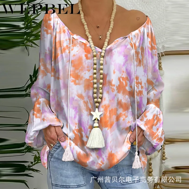 

WEPBEL Women Loose Long Sleeve Shirt Top Ladies Casual V Neck Hollow Out Dot Print Sexy Blouse T-shirt