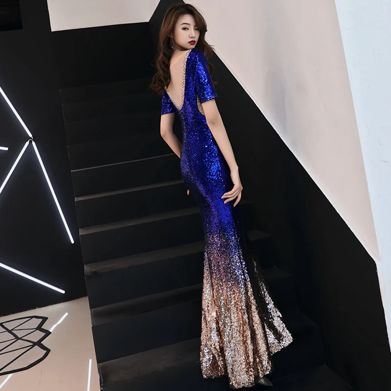 Красивое Черное вечернее платье русалки с пайетками рукавом до локтя женское