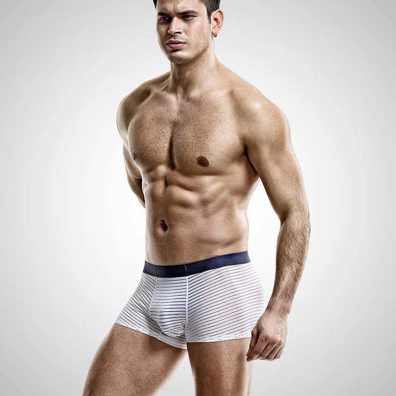 Мужские трусы в полоску синие шелковые слипы со средней талией облегающие мягкие