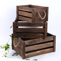 wooden rectangular storage basket with rope handle rustic hollow crates bin box