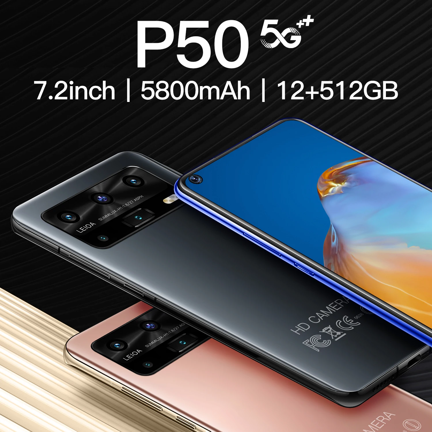 

Smartphone HUAWE P50 Face ID Fingerprint 7.2 '' Dual SIM Card Global Version 5G 12G 512G Android10 5800mAh Mobile Phone GPS WiFi