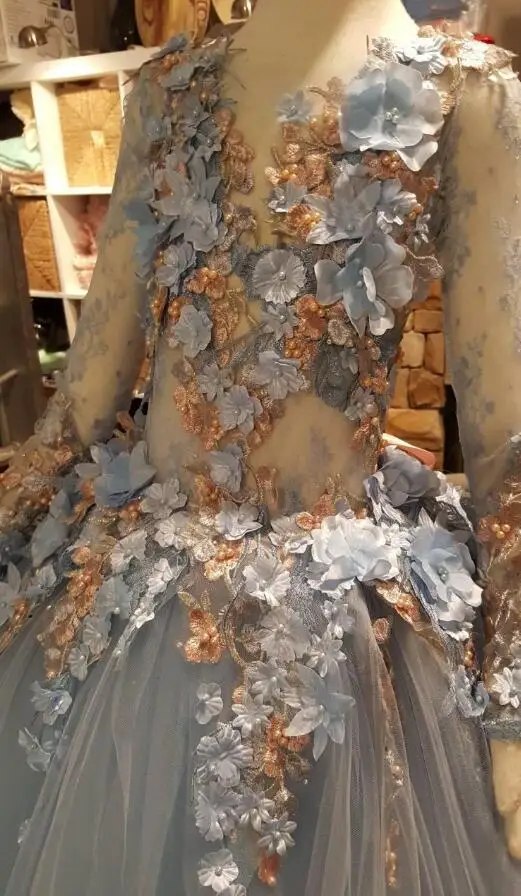 Blue Princess Flowers Girls Dresses For Wedding Long Sleeve Appliques Beads Ball Gown Kids Pageant Gowns First Communion Dress | Детская