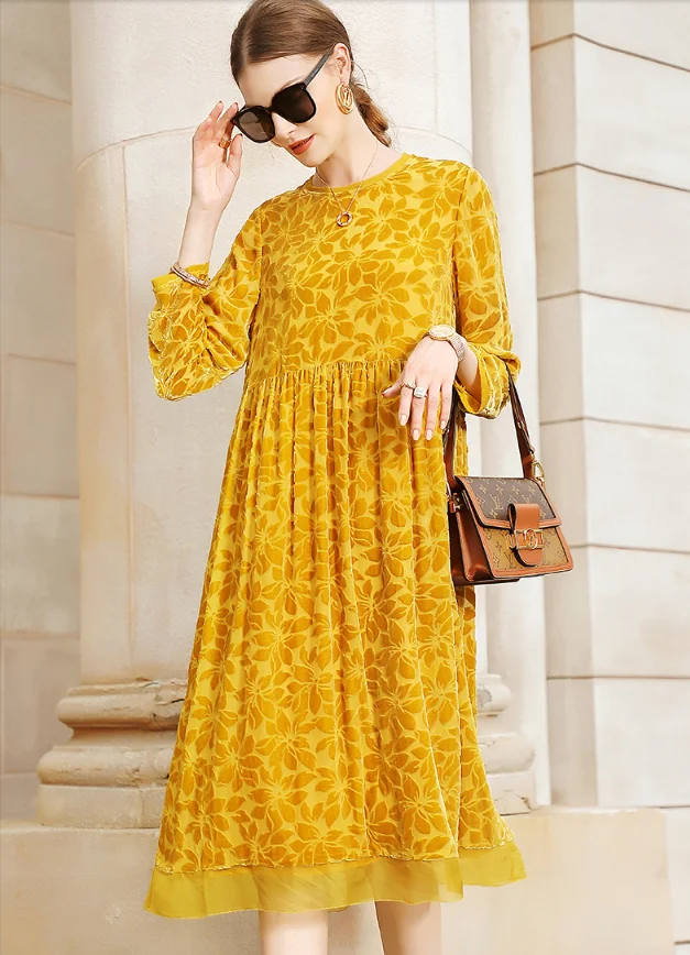 

Sexy Women yellow Loose Long Dresses Pleated Plain Party Vintage floral Fashion Maxi Dress Q485