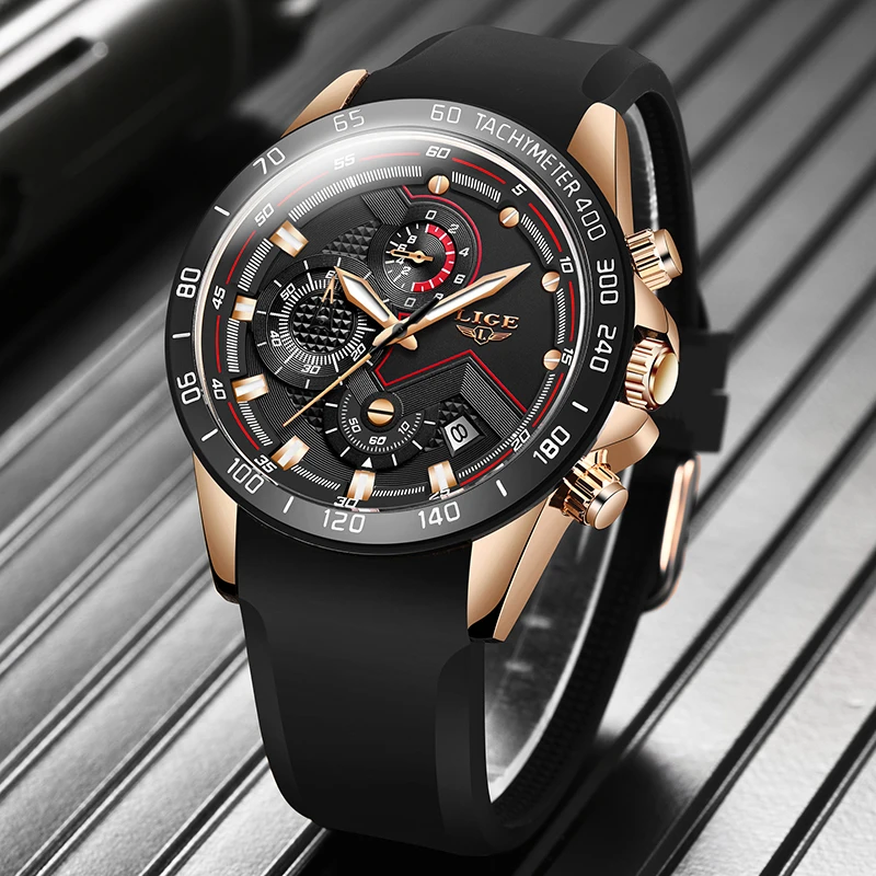 Часы наручные LIGE мужские с кожаным ремешком модные брендовые Роскошные