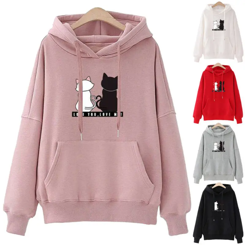 Hirigin Women Long Sleeve Hoodie Sweatshirt Hooded Jumper Pullover Causal Tops Cartoon Lovely Cat print hoody Clothes | Женская одежда