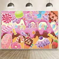 happy birthday kids family party backdrop candy ice cream donut theme photo background cake smash table banner decor poster