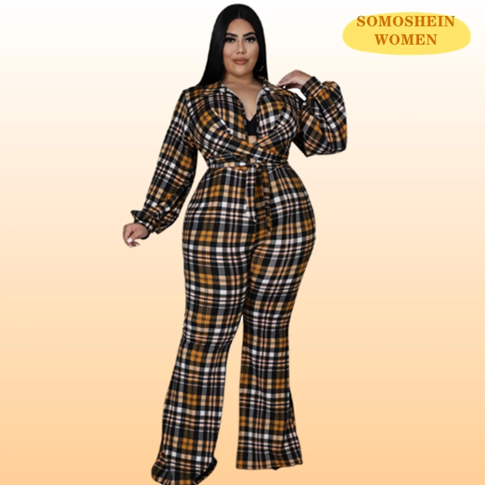 

Somoshein Plus Size Woman Jumpsuits 5XL Vintage Plaid Print Women's Clothing Long Sleeve Fashion Streetwear Blouse Casual Outfit