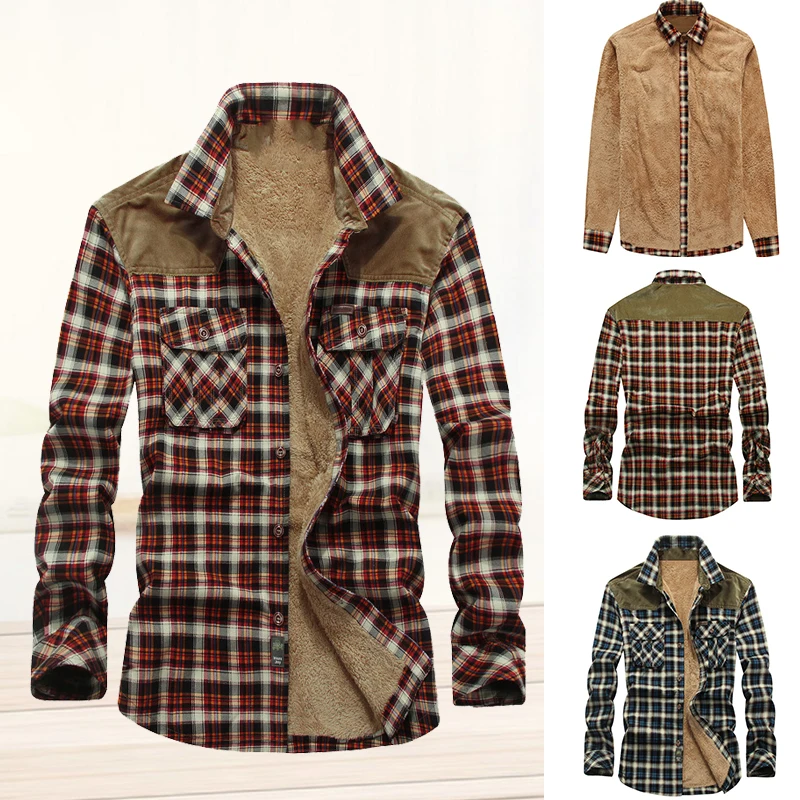 Men's Fleece Lined Flannel Shirt Jacket Warm Button Down Plaid Long Sleeve Classic Coat Winter Outwears Hip Hop Vintage Casual