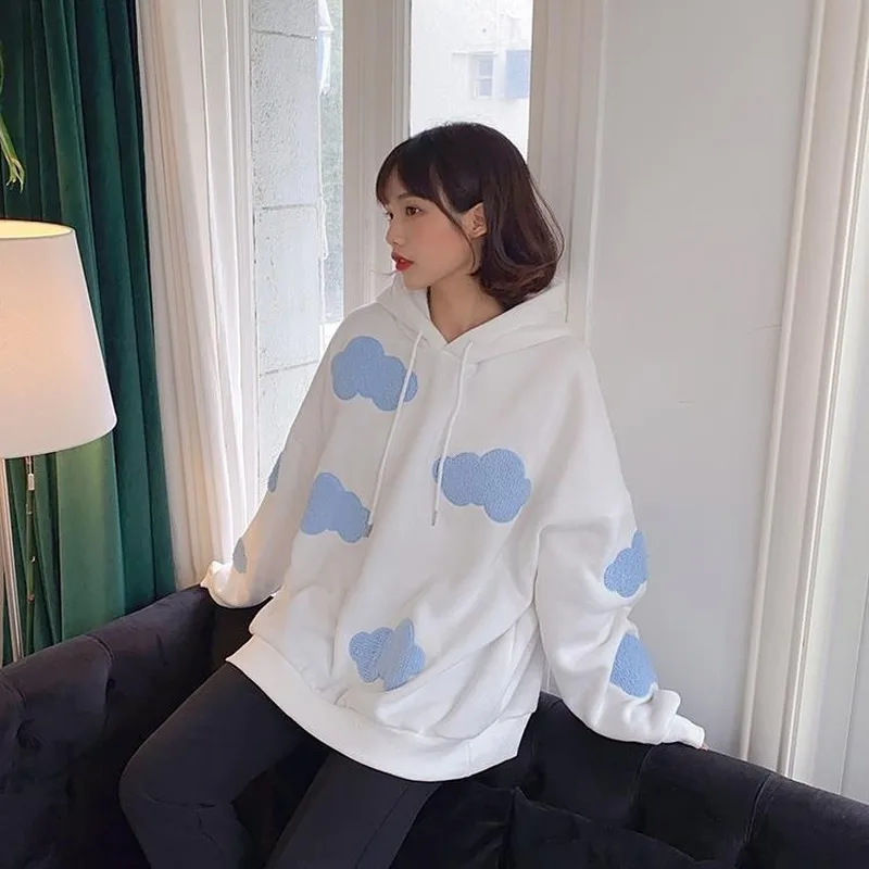 

2021 Women Winter Korean Sweatshirt Fashion Plus Velvet Warm Clouds Pullover Women Kawaii Long Sleeve Tops Casual Hoodies Female
