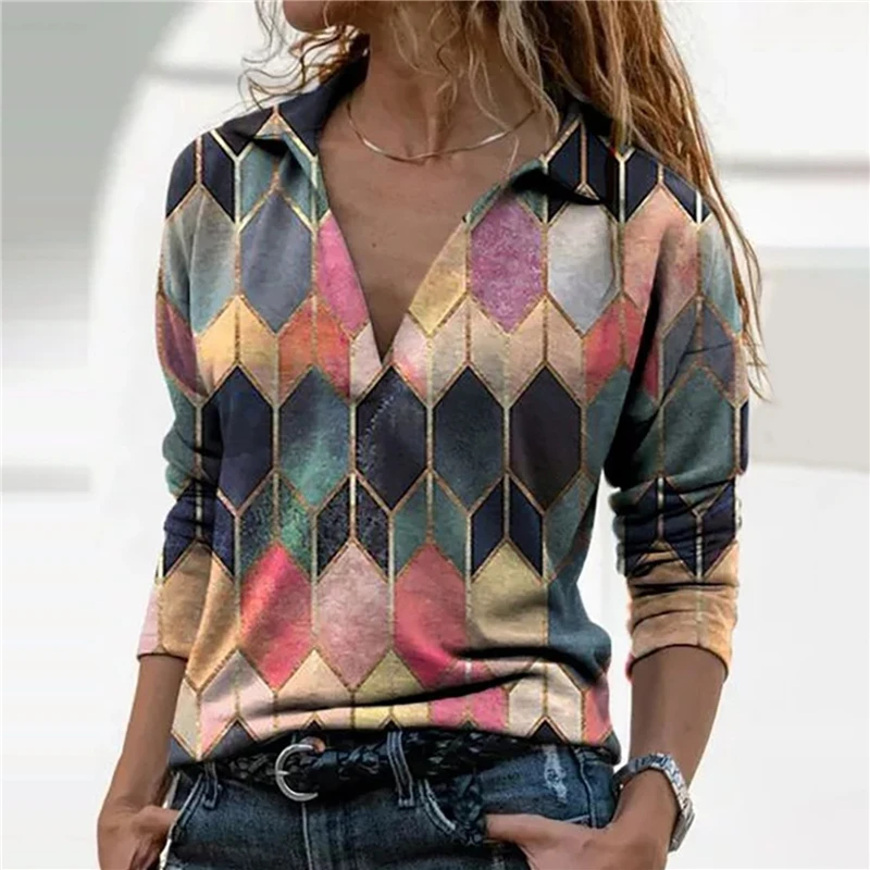 

Women Long Sleeve V Neck Geometric Print Blouse Vinrage Loose Shirt Spring Casual Pullover Ladies Elegant Tops Plus Size Blusas