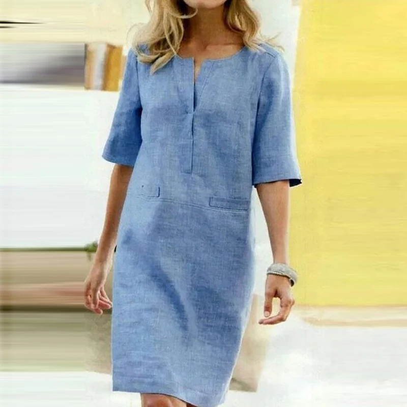

Women Linen Fabric Solid Color Cotton Dress Summer Casual O Neck Short Sleeve Party Dress Elegant Office Lady Dress 5XL Vestidos