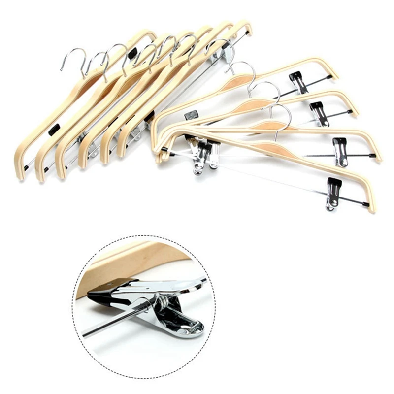 

10x Solid Finish Wooden Trousers/Skirt Hangers with Anti-Rust Clips Coat Clothes Hangers & 20x Non-Slip Flocking Hanger