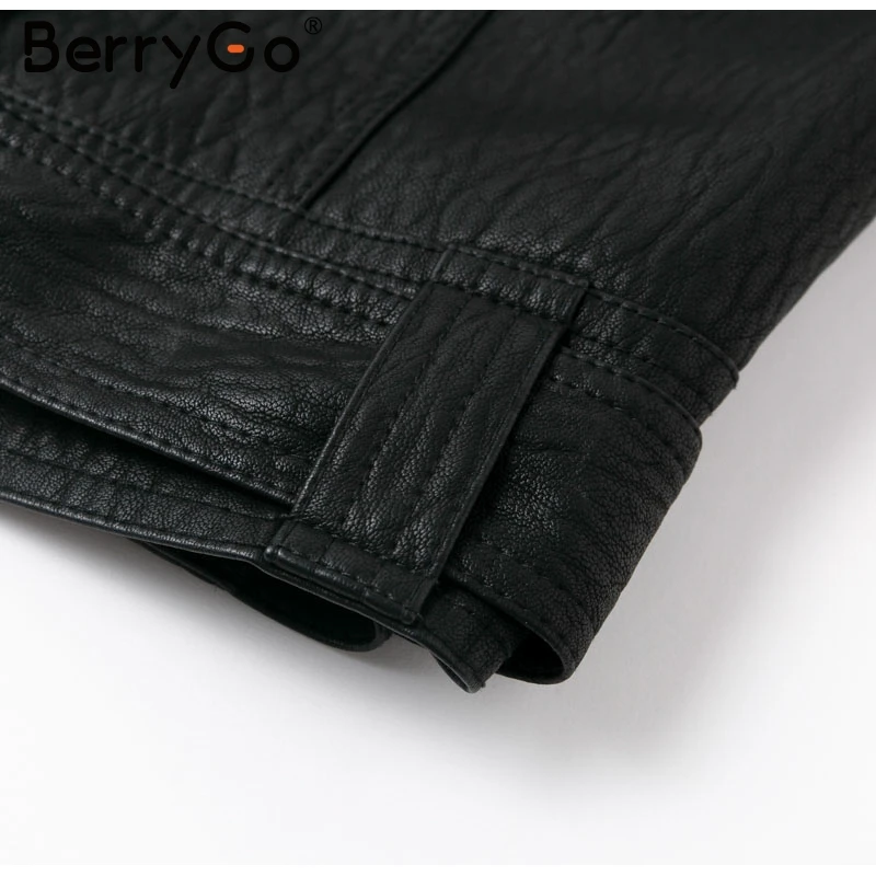 BerryGo Женская куртка из искусственной кожи, пальто с v-образным вырезом и галстуком-бабочкой, мотоциклетная Женская верхняя одежда, Бандажное пальто, высокая уличная Женская Черная Куртка