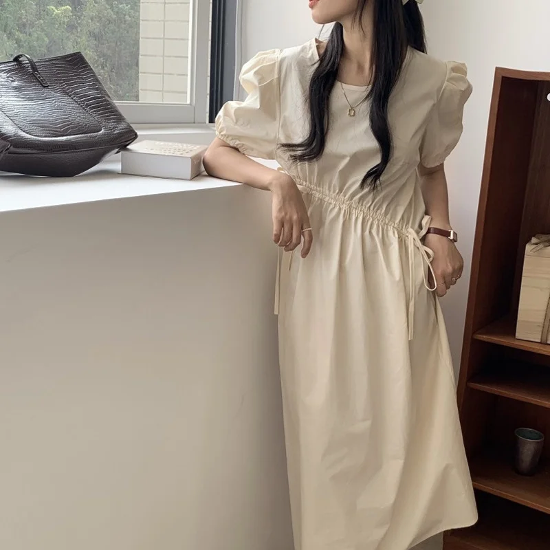 

Korea Chic Summer Casual New Fashion O Neck Robe Drawstring Pleated Loose Puff Sleeve Yellow Midi Dress Women 2021 E620
