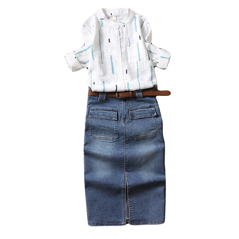 

denim women sets 2020 summer new striped cotton shirts and denim slim knee-length skirts lady skirts suits