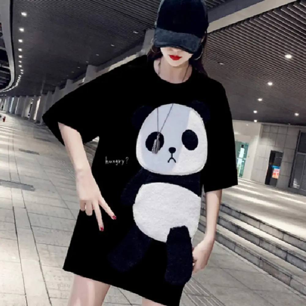 

Women Panda Embroidery Short Sleeve Round Neck Loose T-shirt Tee Top Blouse T Shirt Women Korean Slyle Loose топик женский