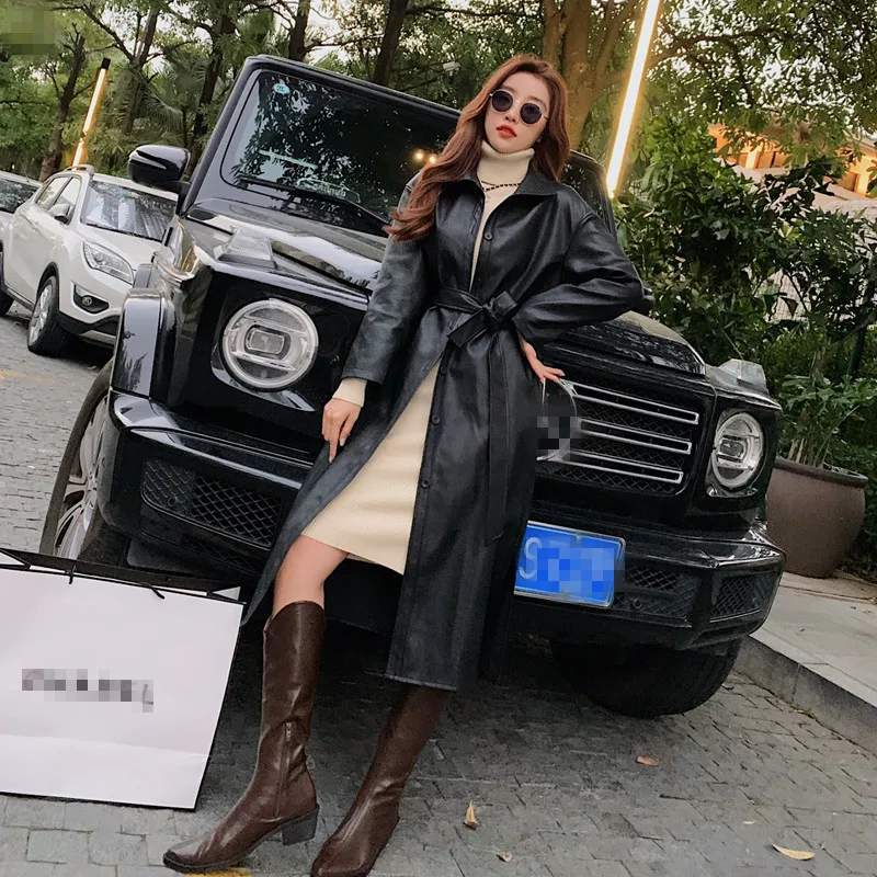 

Streetwear PU Leather Trench Coats Womens Black Autumn Winter Sashes Long Coat Notched Office Ladies Pocket Outwear 2021