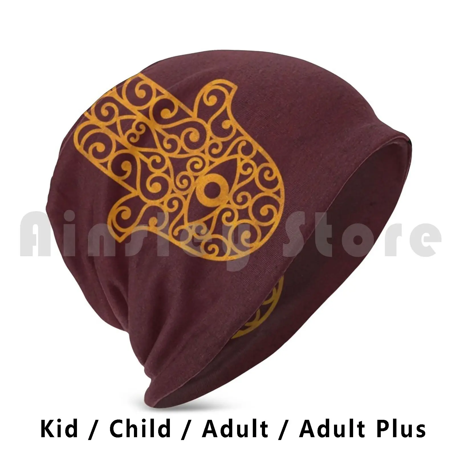 

Classic Golden Hamsa Symbol On Red Textile Beanies Knit Hat Hip Hop Arabic Hand Of Fatima Karma Zen Zen Buddhism