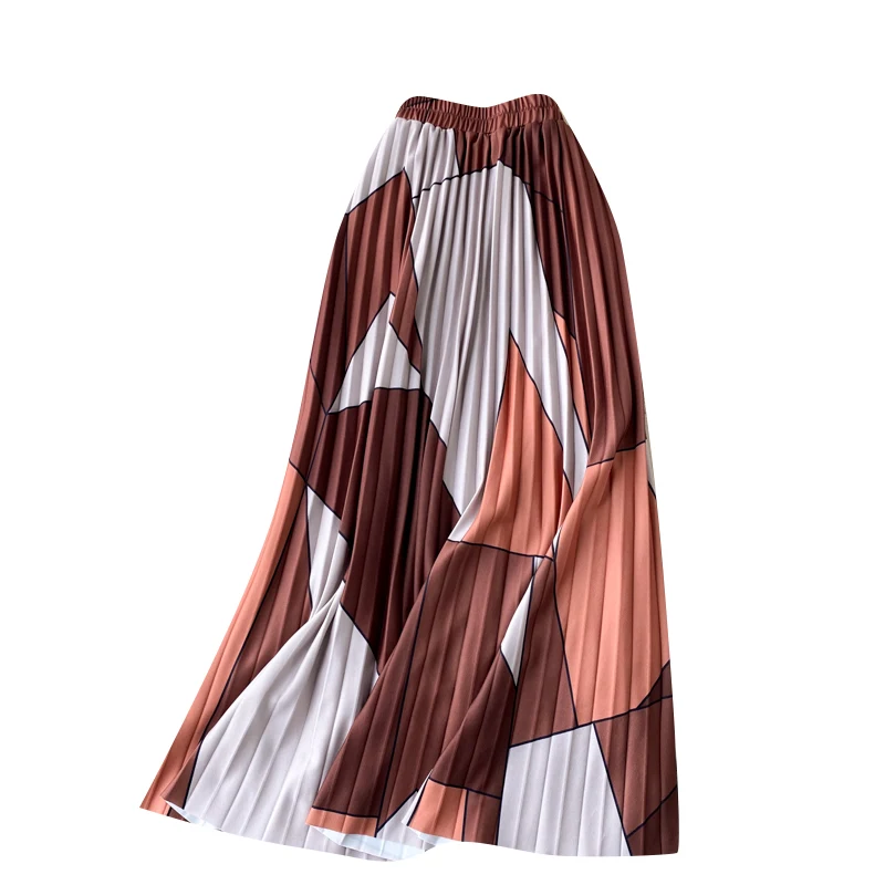 

Autumn Winter Women's Geometric Color Matching Skirt Female High-waisted Thin Mid-length Pleated Skirt UK727