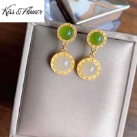 kissflower er260 fine jewelry wholesale fashion woman bride birthday wedding gift vintage round jade 24kt gold stud earring