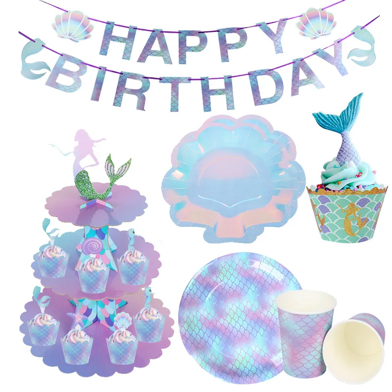

Little Mermaid Birthday Party Cake Stand Paper Cups Plate Mermaid 1st Happy Birthday Parties Decoration Kids Wedding Baby shower