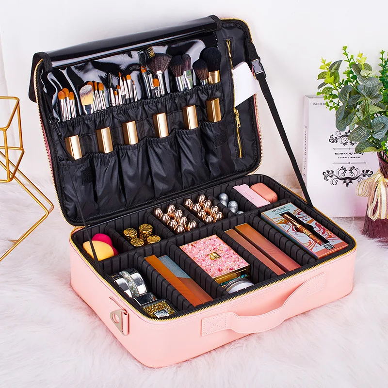 Goedkoop Dubbele Laag Verwijderbare Reizen Cosmetische Make-Up Tas Roze Draagbare Cosmetica Toilettas Organizer Pouch Waterdichte Handtas