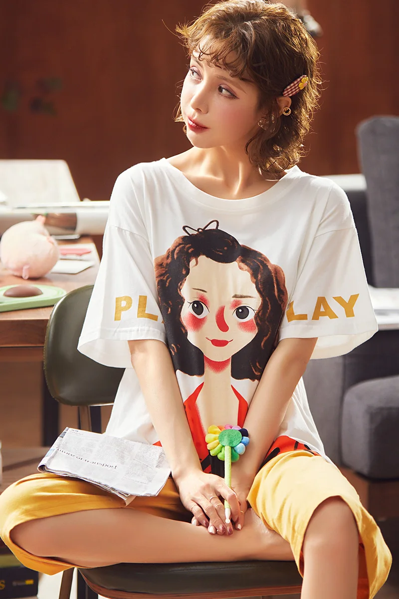 

Cartoon Cute Letter Girl Round Neck Home Wear Short-sleeved Ladies Pajamas Cotton Soft Cropped Pants Casual Plus Size Sleepwear