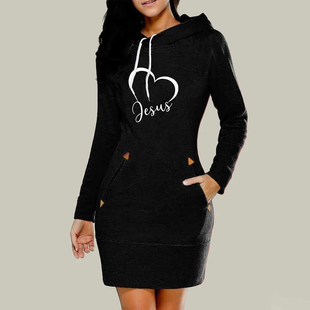 2021 Autumn and Winter Ladies Knee-Length Dress Hooded Warm Sweatshirt Long Sleeve Camp Collar Pocket Simple Casual Sports