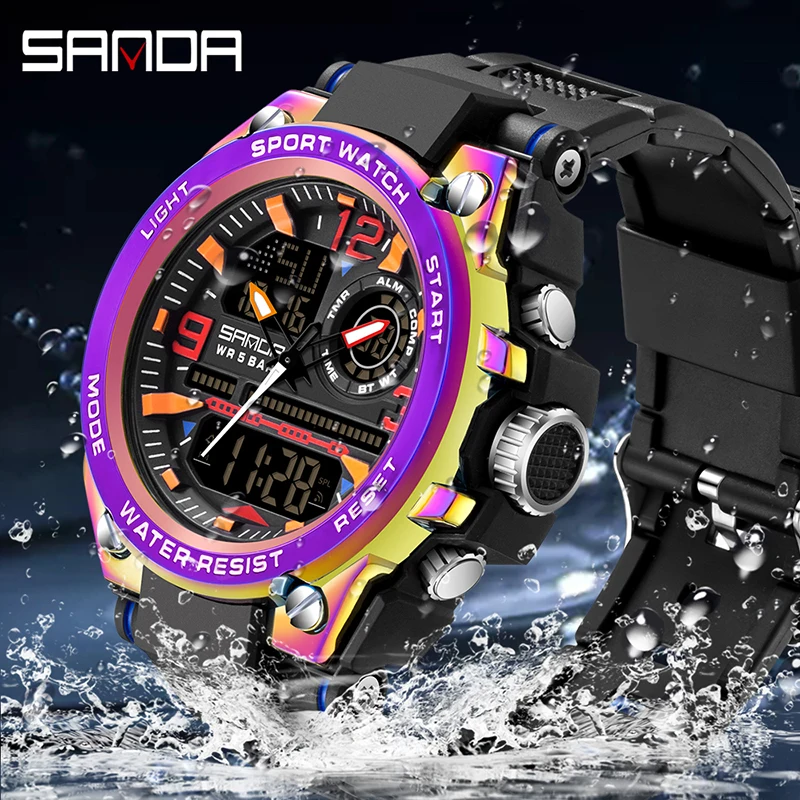 SANDA Top Brand Men Watch For Clock Dual Display Outdoor Military Sports waterproof S shock Symphony bezel | Наручные часы