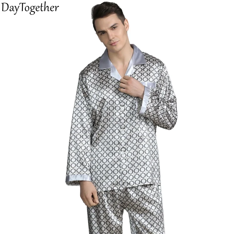 

Мужская Шелковая пижама с принтом, весенне-летний костюм со штанами, Шелковый пижамный комплект большого размера, Мужская одежда для сна, до...