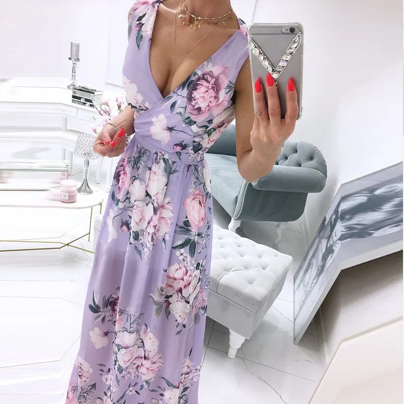 

Print Floral Spaghetti Strap Long Woman's Dress V-ncek Split Backless Female Dresses Stylish Elegant Office Lady Vestidos