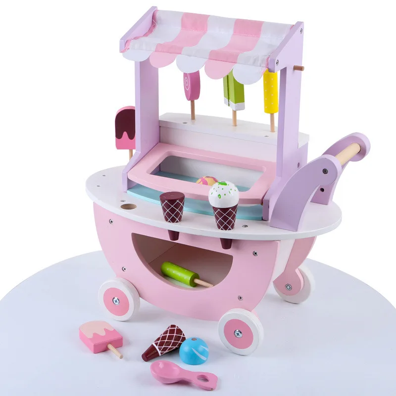 

Wooden Kitchen Toys Home Simulated Ice Cream Trolley Children's Shopping Cart Mini Foods Wooden Kitchen Toys Girl Toys