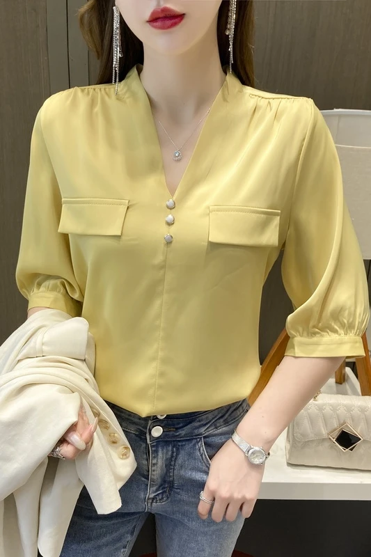 

Chiffon Slim Women's Blouses New Casual Blouse Fashion Short Sleeve Top Solid Three Buttons V-neck Pullover Shirt Summer 30036