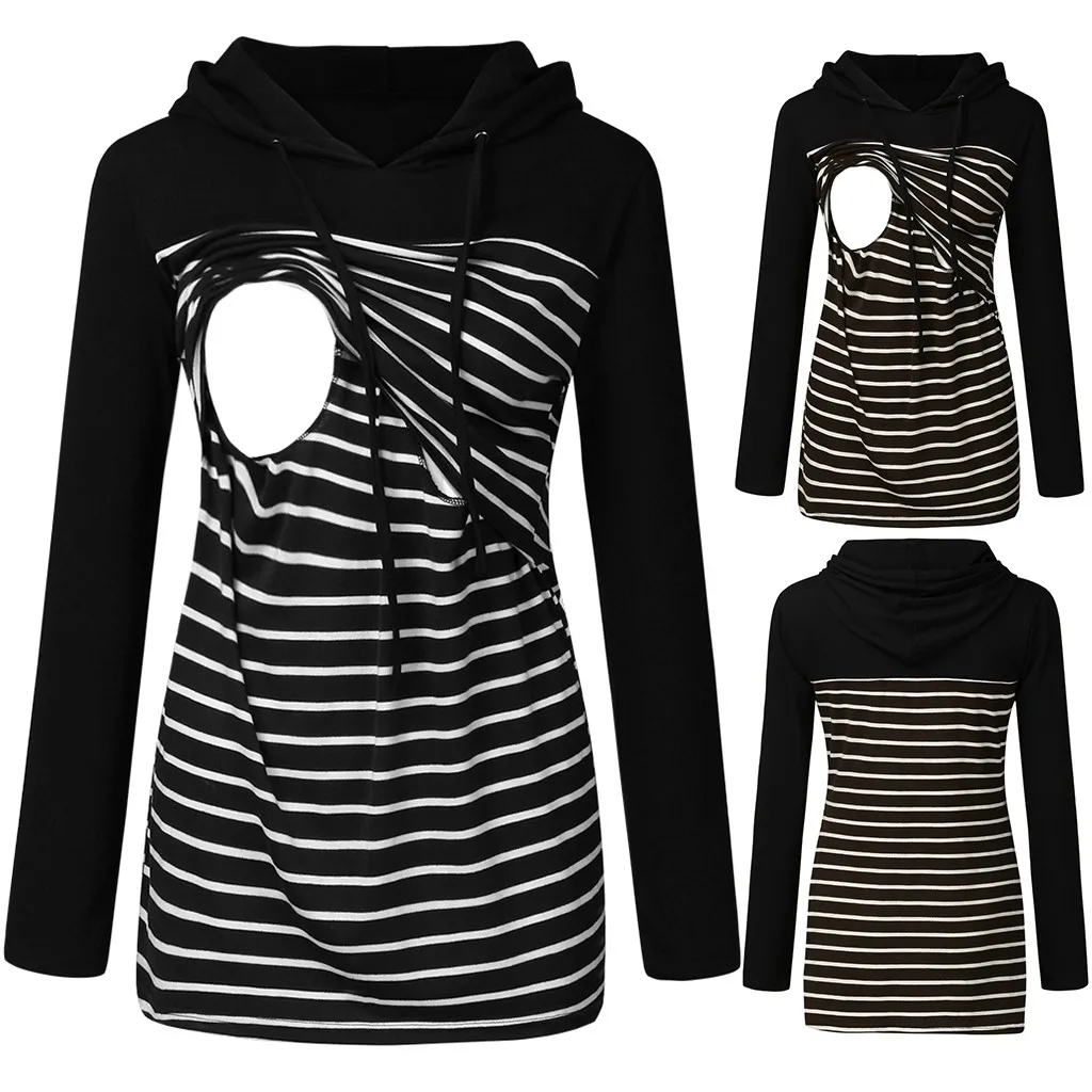 

Women's Maternity Breastfeeding Hoodie T-Shirt Winter O-Neck Solid Long Sleeve Striped Nursing Tops Clothes For Pregnant Women #