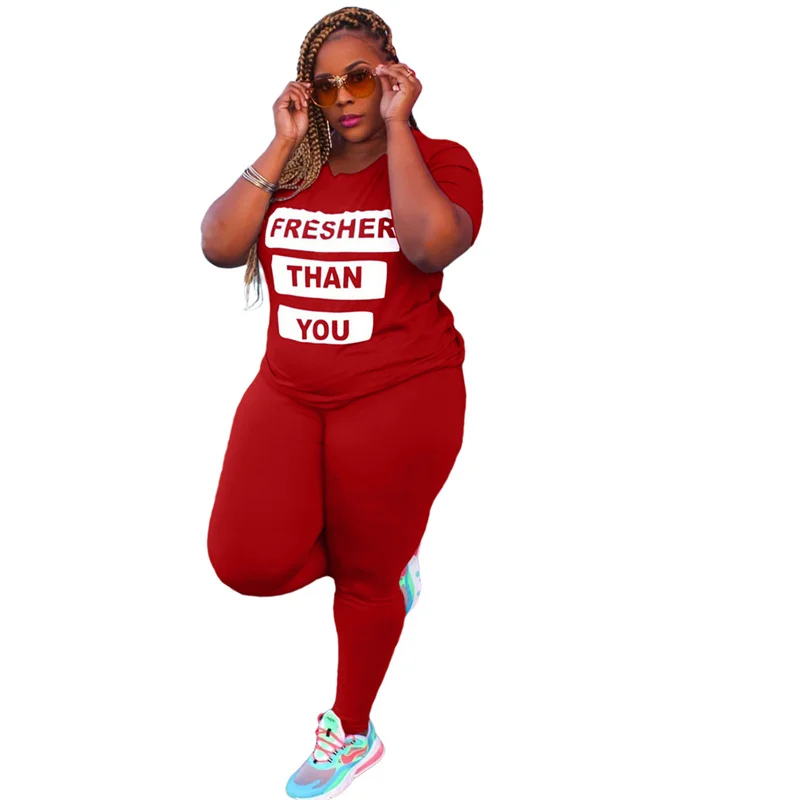 

2021 Plus Size Two-piece Women's New Pants Suit Short Jacket and Leggings Elastic Waist Letter Printing Elastic Direct Sales New