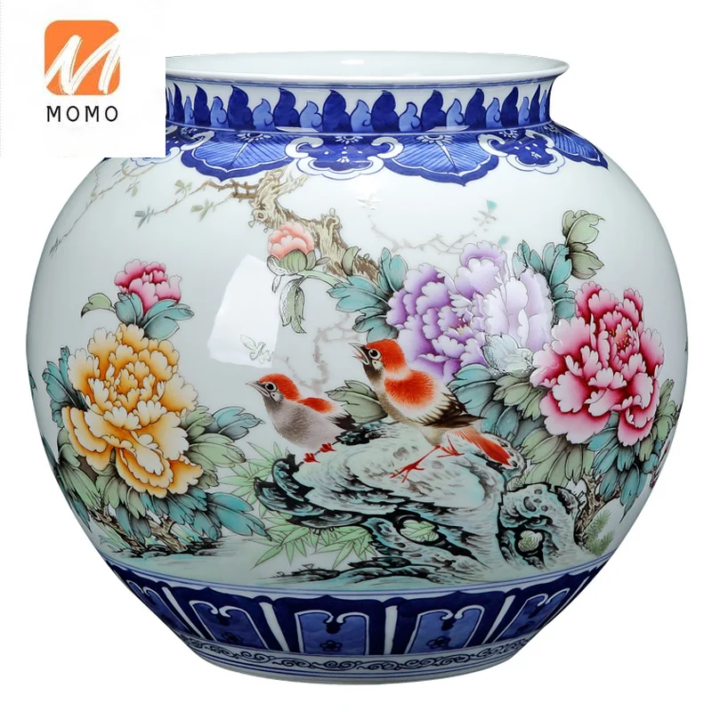 

Ваза Цзиндэчжэнь, керамическое украшение для гостиной, Цветочная композиция, ручная роспись, сине-белая ваза, домашние украшения