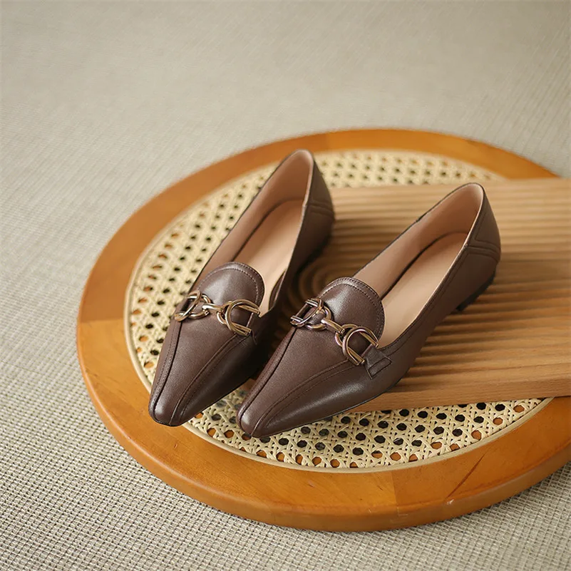 

Meotina Woman Shoes Natural Genuine Leather Flats Square Toe Flat Shoes Metal Decoration Dress Footwear Female 2021 Spring Beige
