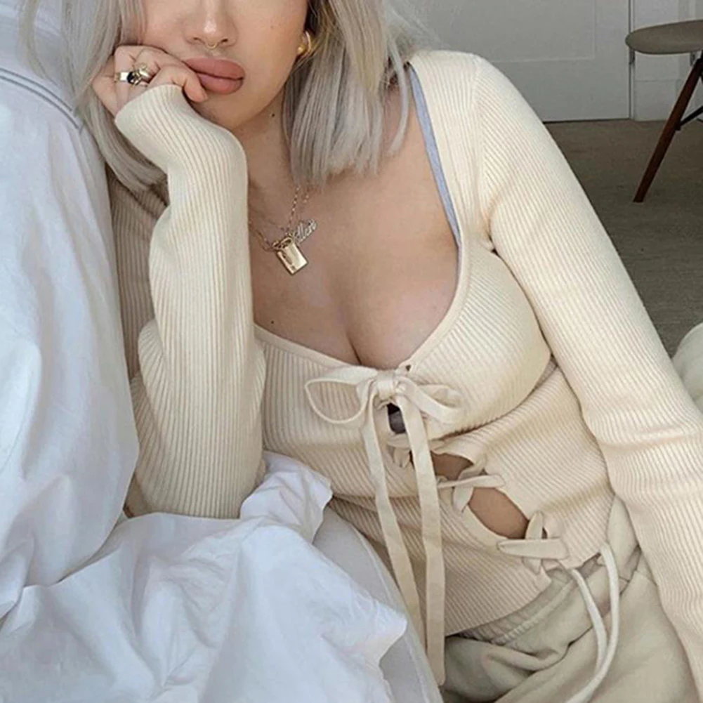 Элегантные вязаные топы с вырезами женские уличные романтические футболки