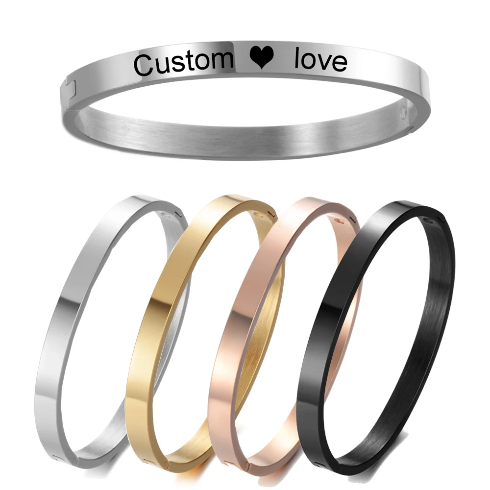 

5MM Bangle Personalized Custom Message Bracelets Motivational Quote Black Rose Gold Color Laser Engraved Bracelet Gift