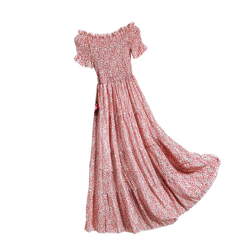 

One shoulder dress women's summer 2020 new small fresh flower Holiday Beach skirt off shoulder chiffon skirt