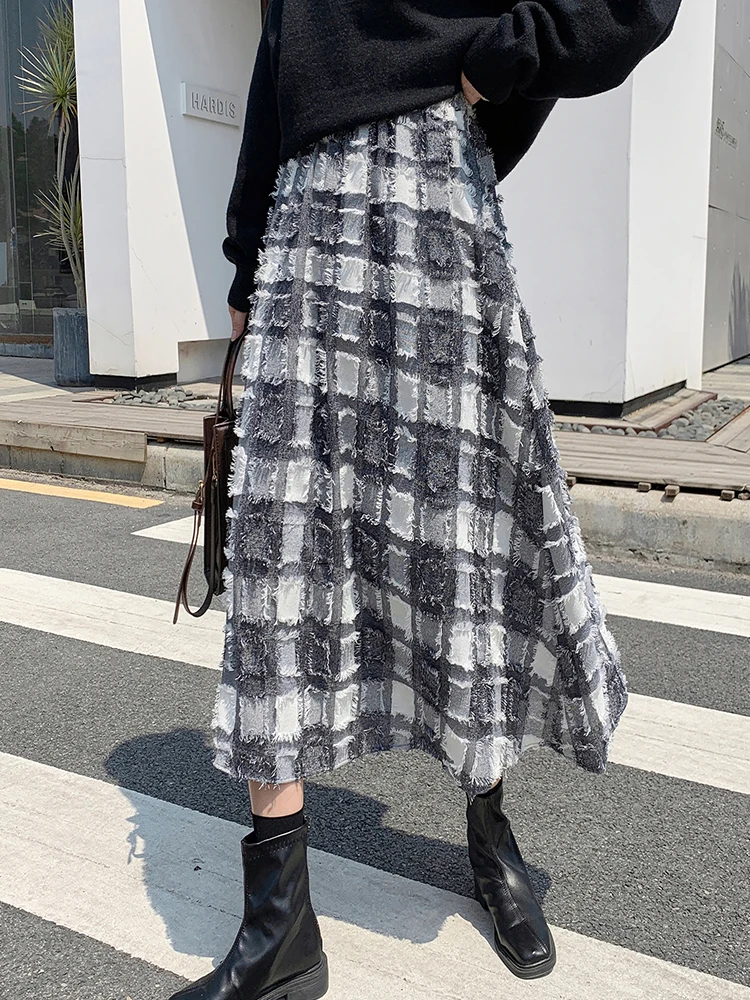 

Женская длинная юбка миди TIGENA, винтажная клетчатая трапециевидная юбка с кисточками и высокой талией в Корейском стиле на осень-зиму 2021