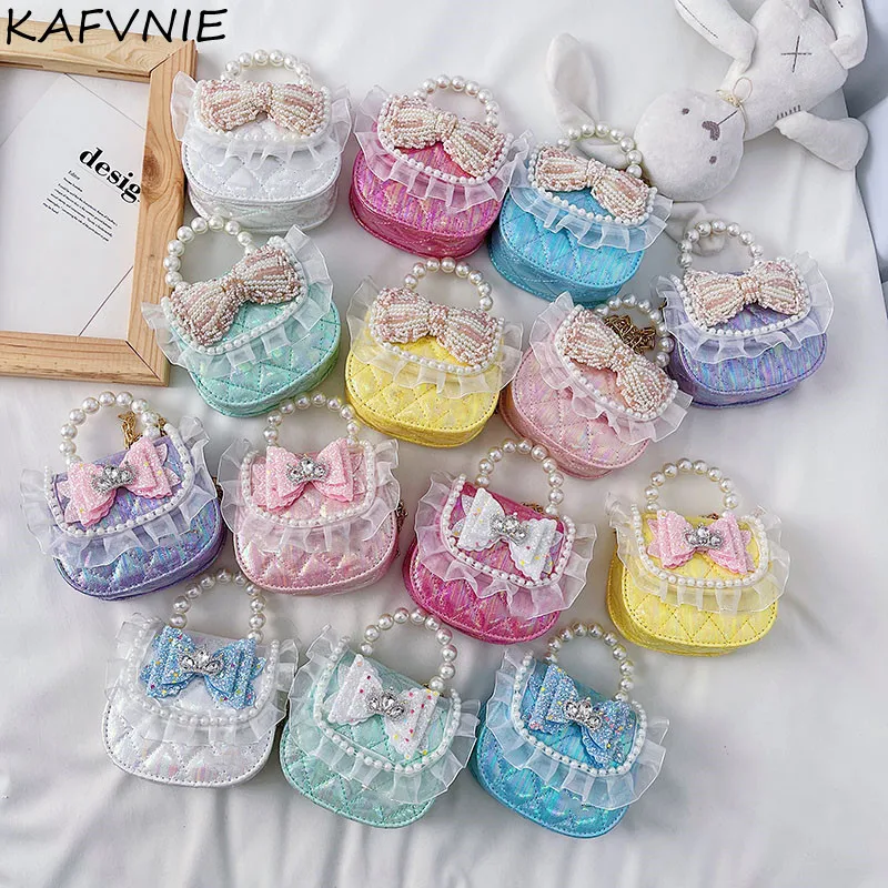 

KAFVNIE luxury mini Pearl handle messenger bag kids girls purses and handbags pink bag with flap for kids princess gift bag