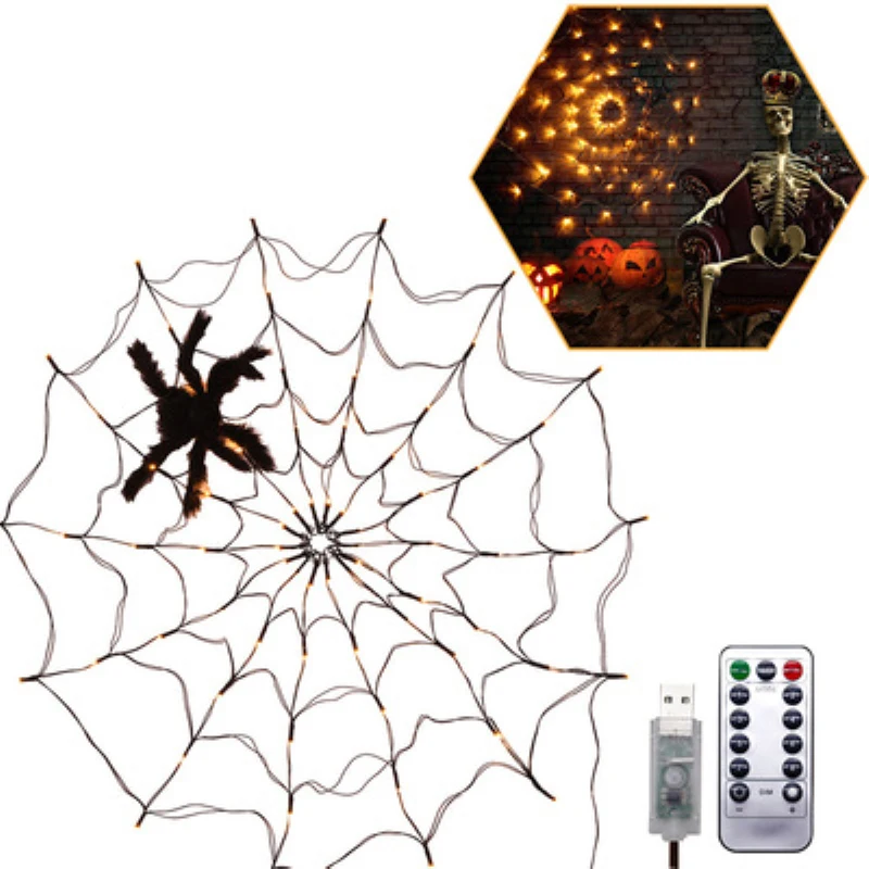 

Halloween LED Spider Web String Light With Remote Control Decor Net Lighting Waterproof DIY Hanging Horror Halloween Party Decor