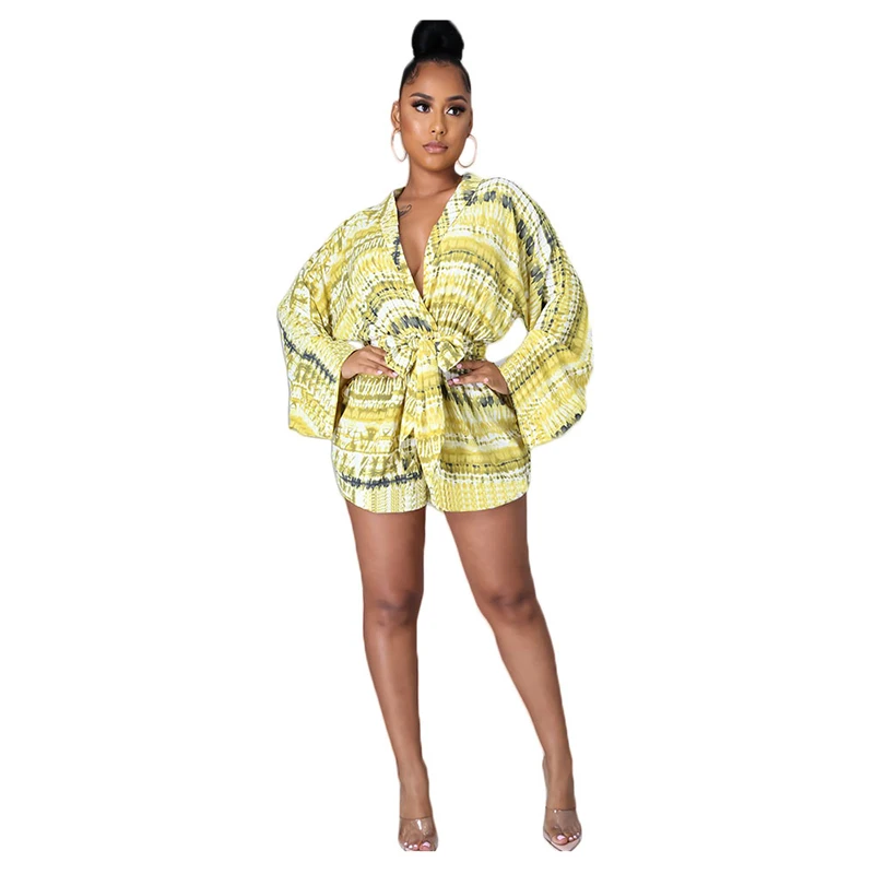 

Bonnie Forest Sexy Bats Sleeve Printed Belted Short Jumpsuits Womens Romper 2021 Autumn New Loose Jumpsuits Party Club Wear