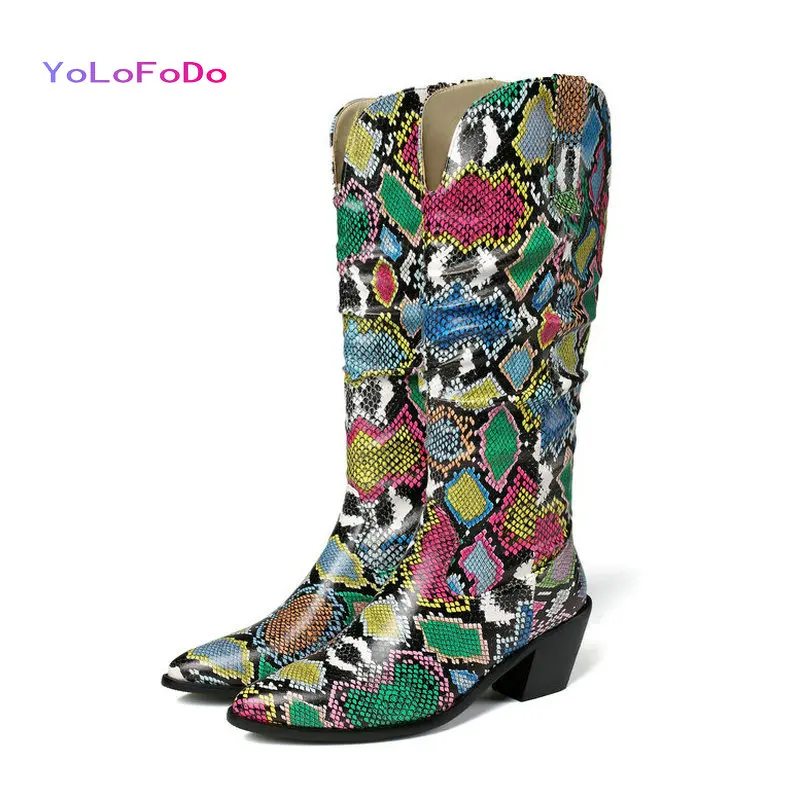 

Размера плюс 34-43 и выше, женские ковбойские ботинки; Женские сапоги из искусственной кожи, высотой до колена; Ботинки на высоком каблуке, с ос...