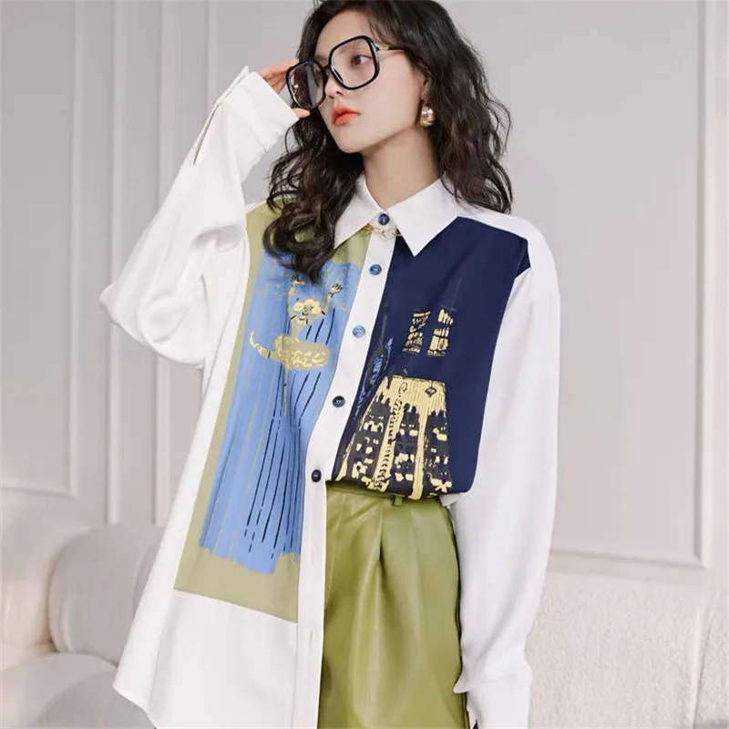 2022 Spring autumn Women's blouse Asymmetrical Contrasting Color Printed Shirt Women Chic Polo Collar Long Sleeve Loose Tops