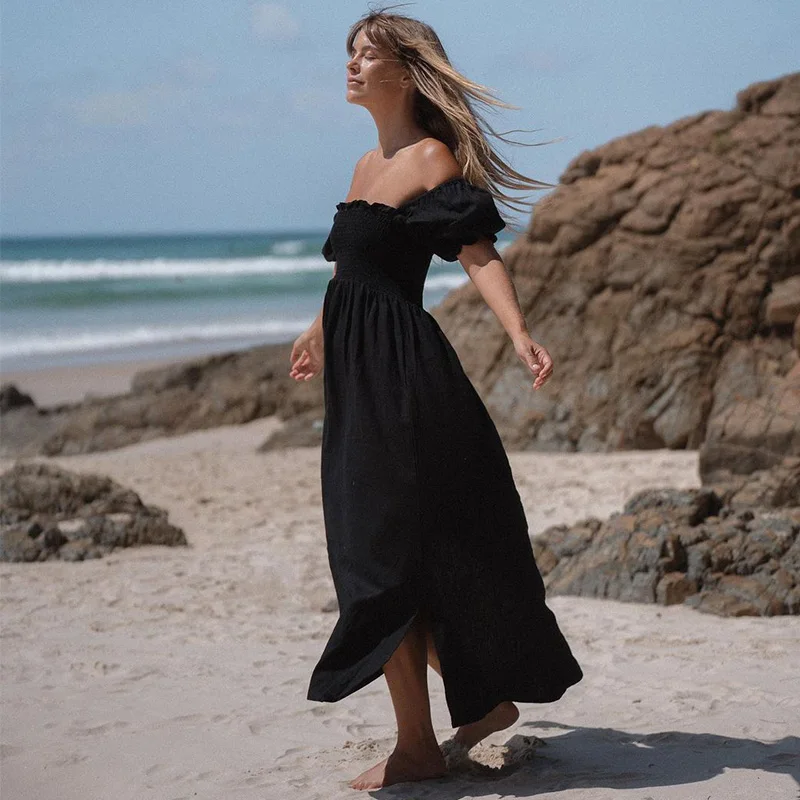 

Summer Dresses For Women 2022 Frill Trim Square Neck Smocked Black Long Dress Short Puff Sleeve Vacation Beach Style Maxi Dress