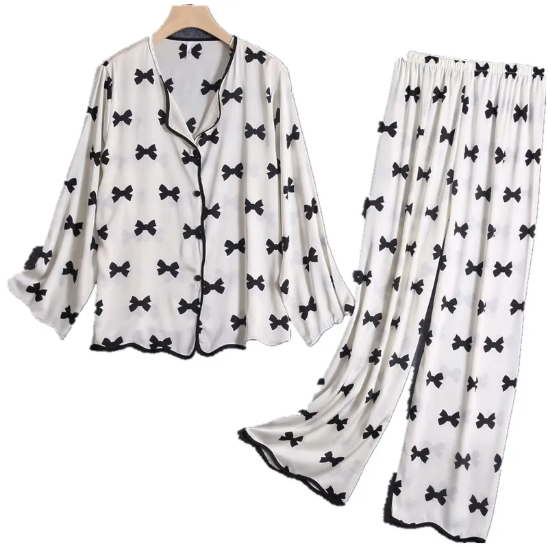 

Silk Satin Pajamas 2PCS Bow Print Women's Sleepwear Set Simple Pyjamas Summer Pijamas Mujer Sexy Nightwear Comfortable Homewear