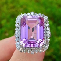 imitation natural rectangular pink amethyst color treasure ring 18k white gold plated diamond 925 fashion luxury jewelry women