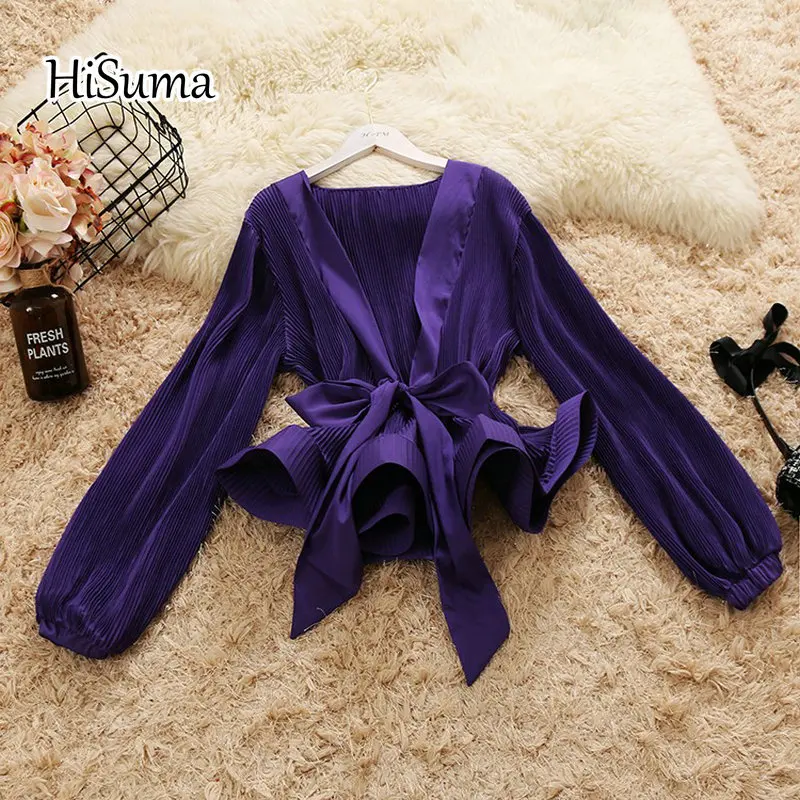 HISUMA spring new female Deep V collar lantern sleeve lace-up bow ruffles chiffon shirts women's elegant vintage blouse shirt